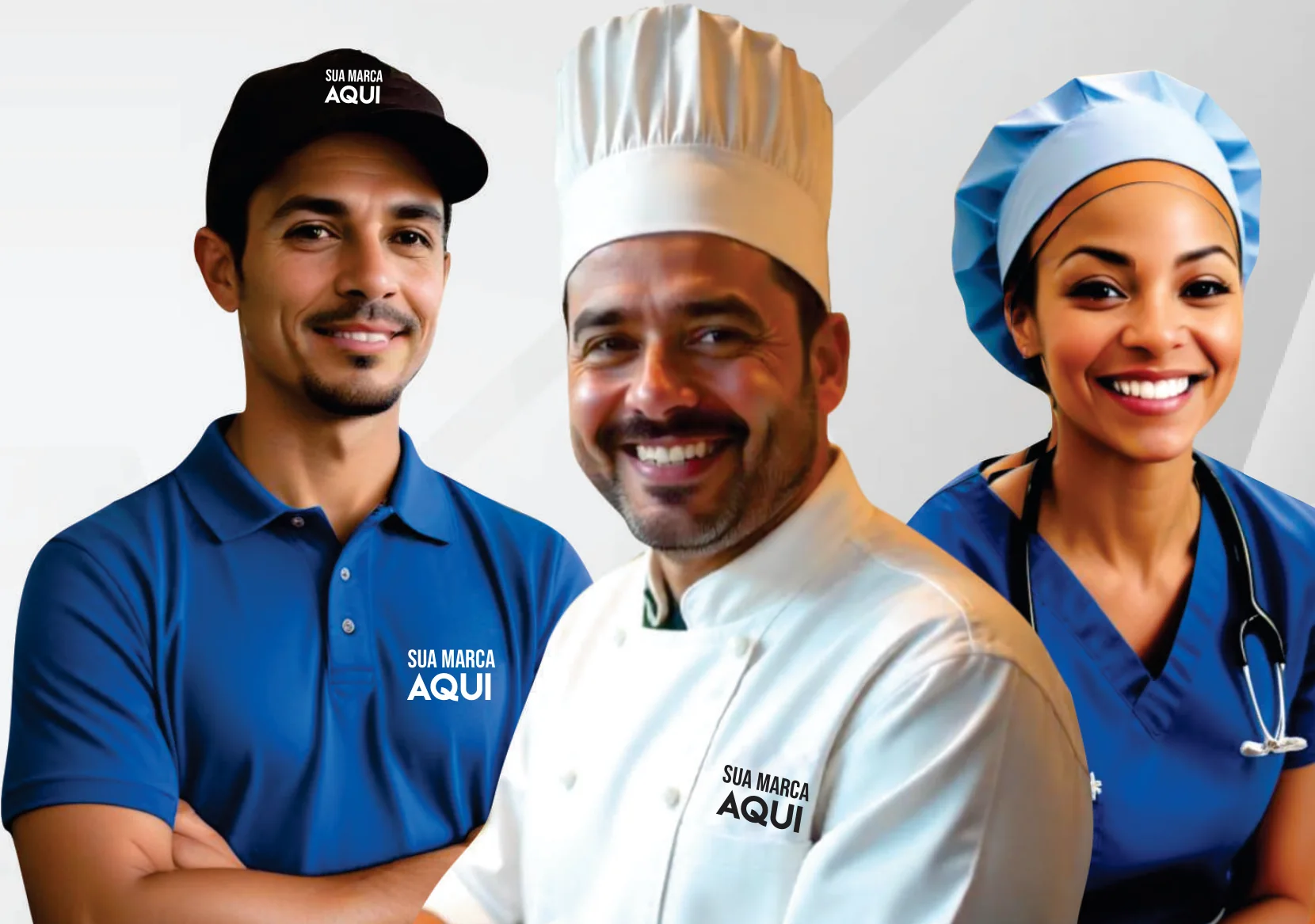 Equipe de uniformizados: entregador com boné e polo azul, chef de cozinha e profissional de saúde